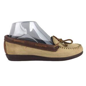 Hamp Shires Womens‎ Brown Beige Leather Slip On Casual Boat Shoes Size US 7 M
